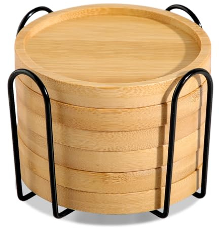 WLWNWFT Bambus Untersetzer für Gläser 6er Set, Untersetzer aus Bambus mit Halter, Glasuntersetzer Holz rund für Getränke, Bar, Tassen, Glas - Tassenuntersetzer Tischuntersetzer