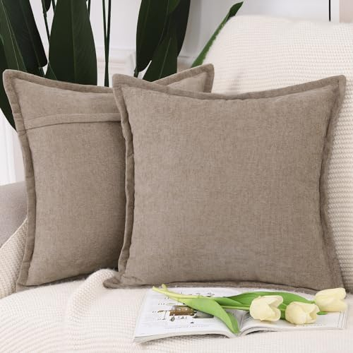 Madizz 2er Set Fransen Chenille Schlicht Zierkissenbezüge Modern Kissenbezug Kissenhülle Sofakissen Lendenkissen für Sofa Schlafzimmer Taupe 45x45 cm
