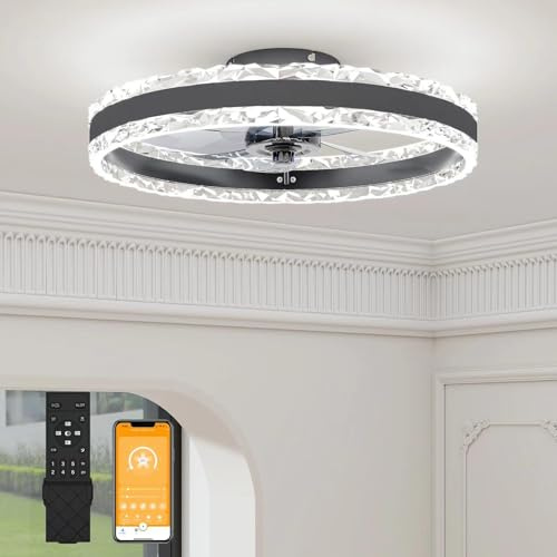 VOLISUN Ceiling Fans with Lights and Remote, 50cm Luxury Smart Crystal Ceiling Fan Light, 6 Speeds and 3000K-6500K Dimmable Quiet Fan Ceiling Lights for Bedroom Living Room Dining Room (Black)