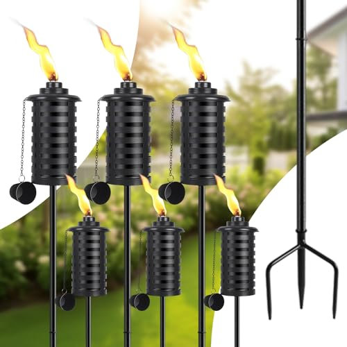 SNOGSWOG Citronella Torches for Outside Set of 6, 16 Oz Outdoor Garden Torches with 3-Prong Grounded Stake, 59 Inch Metal Torch for Garden Décor, Outside Torches for Backyard, Garden, Patio