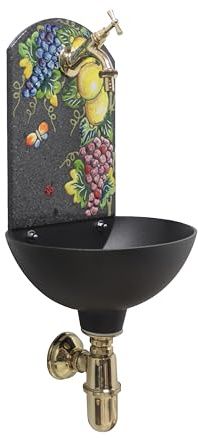 Fontaine murale Petra avec façade en pierre de lave peinte à la main, décor raisin et citrons, baignoire en aluminium, avec robinet et siphon (Laiton poli)