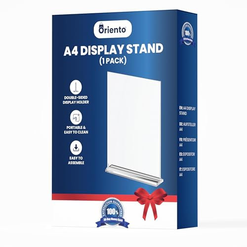 Oriento Espositore A4 in Acrilico, Porta Avvisi da Tavolo in Acrilico Trasparente, Espositore da Tavolo Verticale a Due Lati per Ufficio, Ristorante, Hotel, Foto, Documenti (1pz)