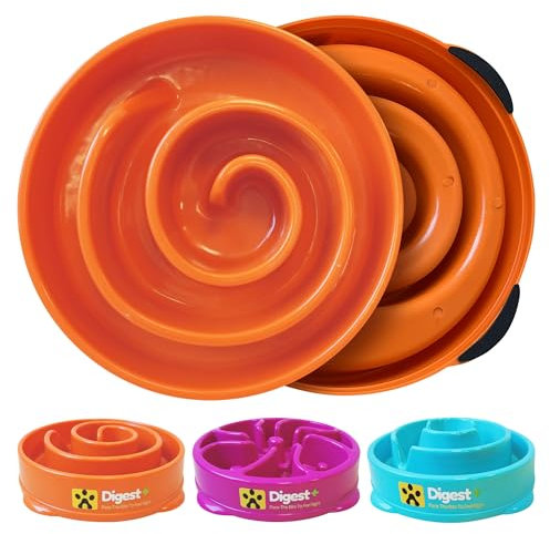 DIGEST+ Slow Feeder Dog Bowl, Slow Eating, Fun Puzzle Feeder, Non-Slip, Anti-Bloat, Medium (Orange)