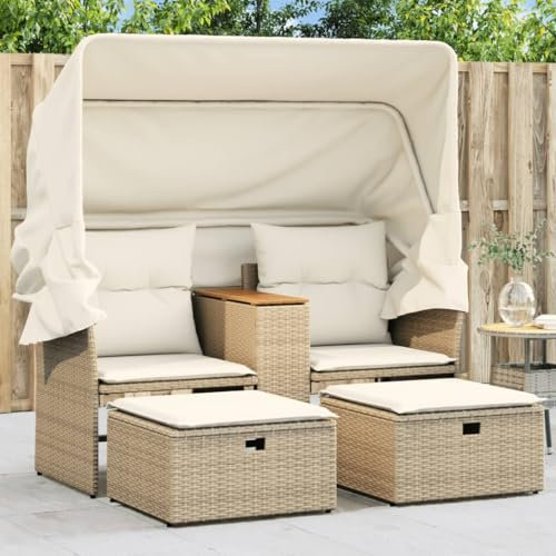 Kangmusi Gartensofa 2-Sitzer mit Dach und Hockern Beige Poly Rattan, kangmusi365802