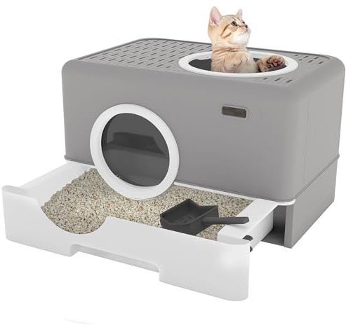 YITAHOME Bandeja de Arena para Gatos con Tapa, Gran Inodoro Hop In, con cajón extraíble y Pala de Basura (Gris)