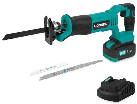 VONROC Scie à guichet sans fil 20V - 3 lames de scie incluses - Batterie 4.0Ah et chargeur inclus