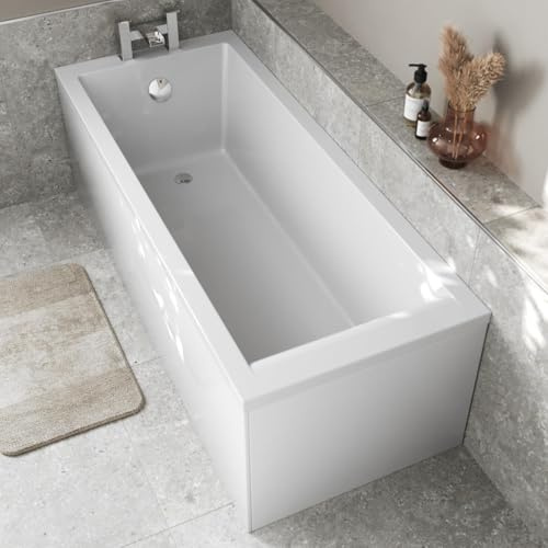 BAYSTONE 1600 x 700mm Single Ended Straight Bath White Gloss Soaking Bathttub, Acrylic Baths for Bathrooms, Straight Square, Adjustable Feet, Side & End Panels Included