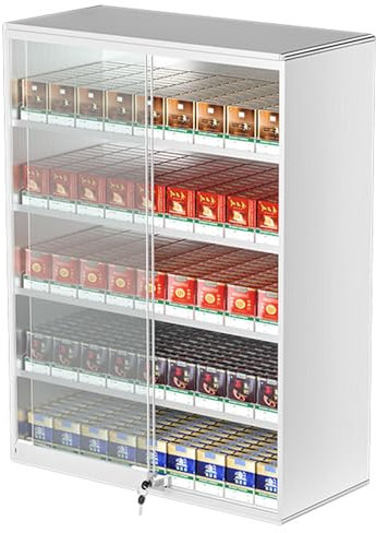 Cigaretthållare, skjutdörr med låsnyckel Cigarettvisningsskåp, cigarettfodral i aluminiumlegering, väggmonterad cigarettfodral med automatisk tryckare,10packs-5-layers9columns