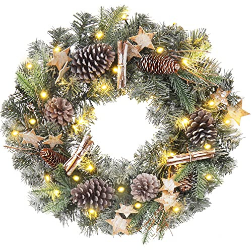 51cm/20 Inch Christmas Wreath for Front Door with LED Lights Large Artificial Wreath with Pine Cones Little Stars Cinnamon Sticks Door Wreaths Christmas Decorations Fireplace Mantel Xmas Ornament