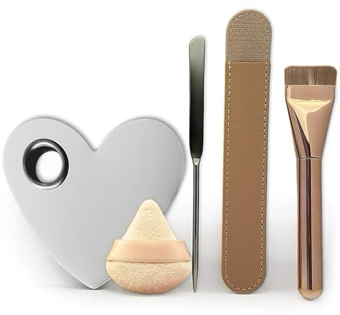 Makeupborstset – platt grundborste, mixersvamp, ansiktsspatel, puff och hjärtformad blandningspalett med läderfodral – komplett ansikts- och sminkverktygssats för blandning, foundation och applikation