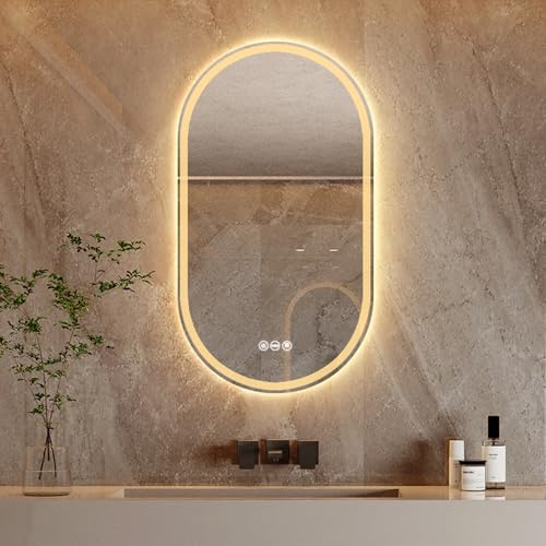 Yorbay Oval LED Badspiegel mit Beleuchtung: Landebahnförmig Beschlagfrei Badezimmerspiegel 50x80 cm mit Touch-Schalter - Dimmbar Bruchsicher Badezimmer Spiegel Mit 3 Lichtfarbe Einstellbare