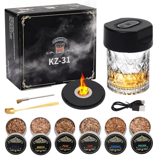 Whiskey Smoker Set Built in Lighter No Butane Rechargeable Cocktail Smoker Kit with 6 Flavors Wood Chips for Cocktails, Wine, Coffee, Food Bourbon Whiskey Gifts