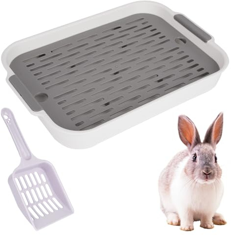 Litière pour lapin, avec pelle, accessoires pour lapins, chats, double couche, grille de coin, pour lapins, hamsters, cochons d'Inde, petits animaux (gris)