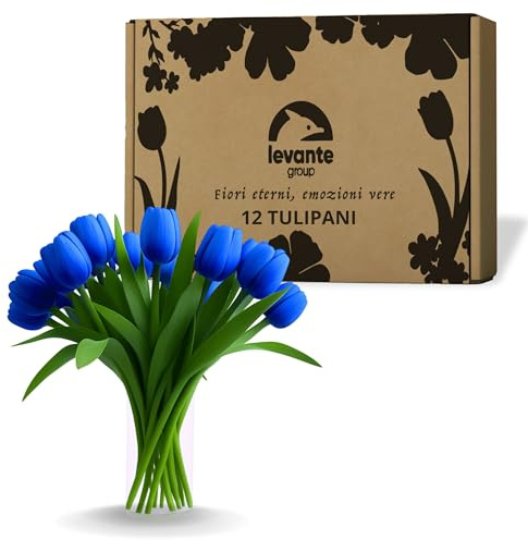 levante group – Tulipani Finti Realistici in Lattice Blu – 12 pz in Box Regalo – Fiori Artificiali per Casa, Ufficio, Eventi