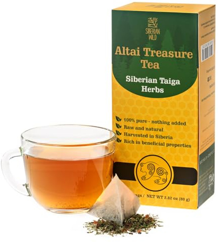 Siberian Wild Altai Treasure Tea – Siberian Taiga Caffeine-Free from Siberia – 20 Large teabags – Black Currant Leaf Wild Raspberry Altai Rosehip Ivan Kuril Tea Thyme Hawthorn