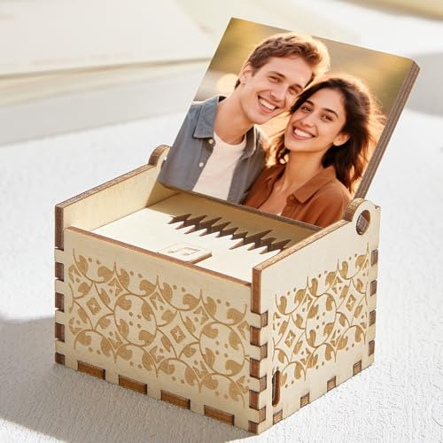 VEELU Custom Music Box Music Box with Custom Song Personalised with Your Photo & Text Customised Gifts for Christmas Birthday Valentine's Day Anniversary for Women Men Couple