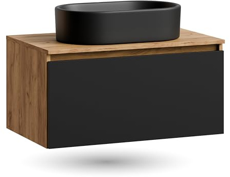 Planetmöbel Arisa juego de muebles de baño, lavabo de 80 cm color oro roble negro, lavabo de 55 cm color negro, incluye sifón de ahorro de espacio
