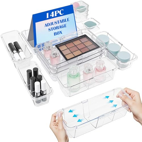 14 Pcs Extendable Clear Drawer Organizer, Adjustable Vanity Storage Box, 3-Size Desk Drawer Organizer, Acrylic Storage Bins for Makeup, Cosmetic, Bedroom Kitchen Gadgets Utensils and Office