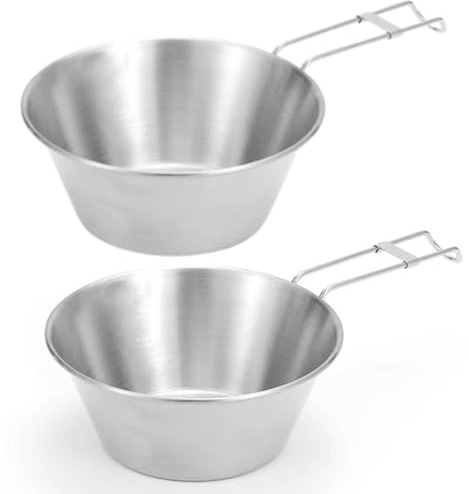 Kukyller Ciotole da campeggio, 2 ciotole in acciaio inossidabile con manici pieghevoli, posate portatili, stoviglie per viaggi da picnic in campeggio all'aperto (300ml)