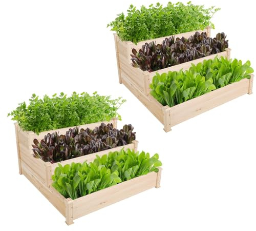 Yaheetech 2Pcs 3 Tier Wooden Raised Garden Bed, 120 x 230 x 56cm, Wood | Natural Fir Wood | Open-Bottom Design | Large Capacity Makes Healthy Growing| DIY Painting | For Backyard, Patio, Garden