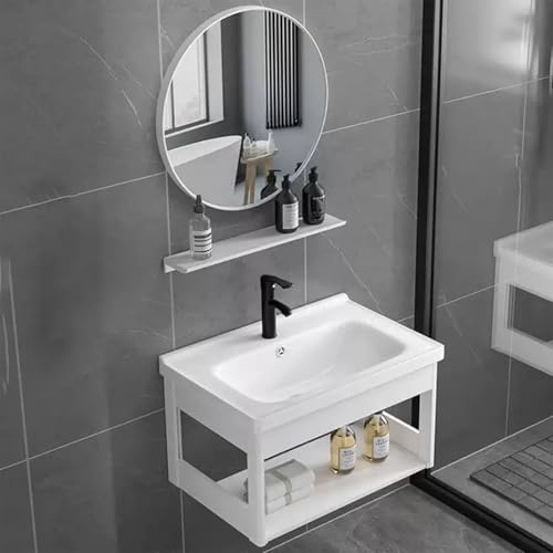 Ensemble meuble-lavabo mural pour salle de bain • Lavabo gain de place avec miroir pour petits appartements, WC compact, balcon et petits espaces (61 * 41 x 38 cm)