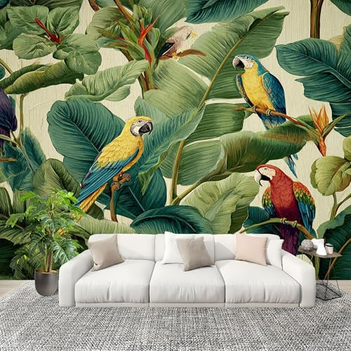 Fotomurales Tropical Hoja de PláTano Imagen de Loro Papel Pintado Tejido No Tejido Moderna Diseno Fotográfico Decoración De Pared Sala Cuarto Oficina Salón Verde Papel Pintado 350x256 cm