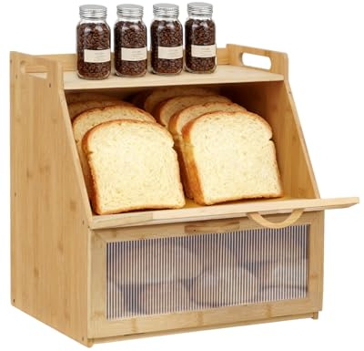 wowspeed Panera de bambú, almacenamiento de pan de 2 niveles, contenedor de pan de gran capacidad para una mayor frescura, elegante panera de cocina con ventilación para pan y tostadas