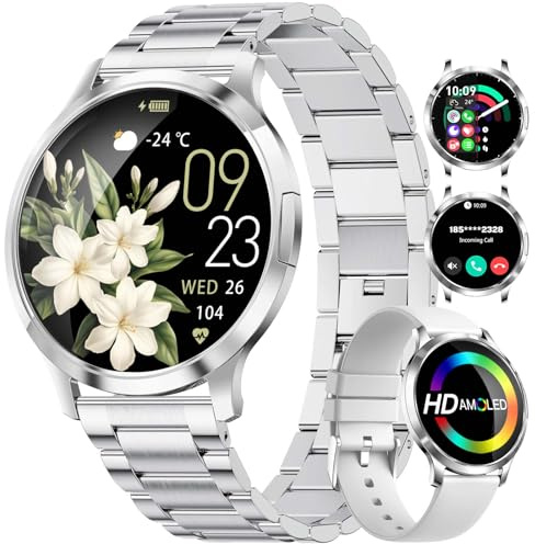 SUNKTA FV16 Thin Smart Watch for Women(Dial/Answer Call), 1.32 AMOLED HD Display, 100+ Sports Mode Fitness Tracker, IP68 Waterproof/Sleep Smartwatch,Ladies Smart Watches for Android iOS, Grey Silver