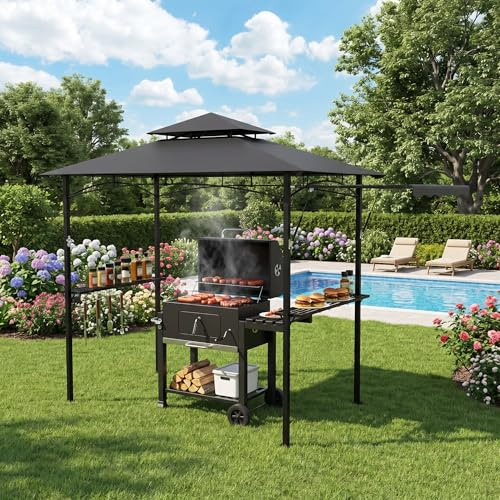 Naizy Grillpaviljong vintersäker 200 x 122 x 253 cm ventilation grillskydd med sidomarkering, 2 sidohyllor och krokar stålram paviljong för trädgårdsfest BBQ, grå