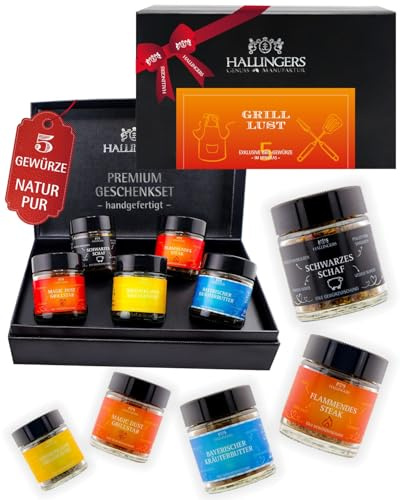 Hallingers Genuss Manufaktur Gewürz Geschenk-Set - 5 Gewürze aus aller Welt in wertiger Geschenkbox mit Rezept-Booklet Grilllust, Geschenkidee für Frauen Männer