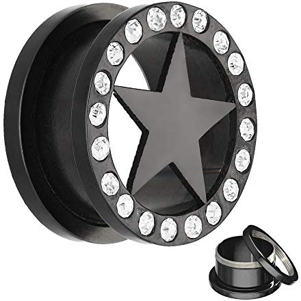 Treuheld | KRISTALL Stern Flesh Tunnel - SCHWARZ - 16 Größen: 3-30mm - Profi-Qualität - Edel-Stahl - zum Schrauben - Ohr-Tunnel schraubbar mit Gewinde - Piercing Ohr-Plug - Chirurgen-Stahl 316-L