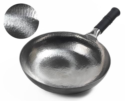 Mecete Wok Pan - Sartén antiadherente china martillada a mano y sartenes antiadherentes de acero al carbono, sin revestimiento (13.3 pulgadas, parte inferior redonda) de 1.8 mm de grosor
