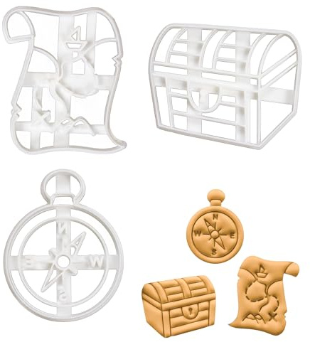 Set of 3 Treasure Hunt cookie cutters (Designs: Treasure Map, Treasure Chest and Compass), 3 pieces - Bakerlogy