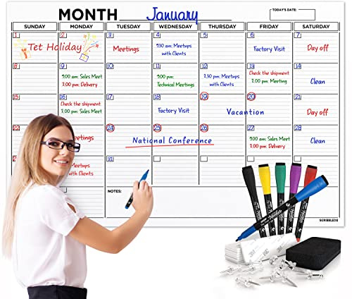 Grand tableau blanc calendrier vierge effaçable à sec de 91,4 x 121,9 cm pour mur - Grand calendrier mural mensuel effaçable à sec - Planificateur tableau effaçable à sec - Comprend 6 marqueurs, gomme