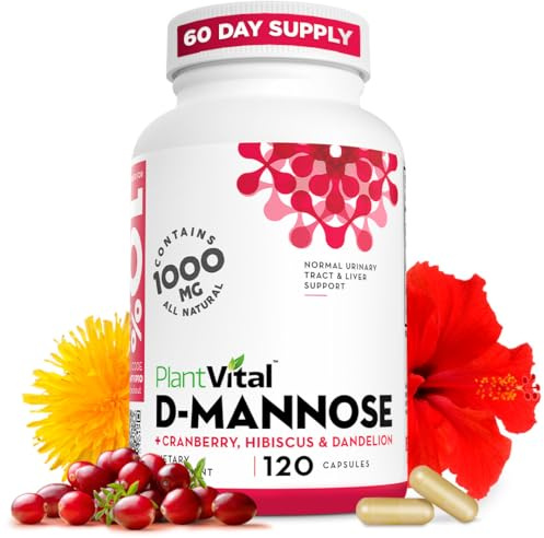Plantvital D Mannose Capsules with Cranberry - D-mannose 1000mg per serving - High Potency for Bladder, Kidney and Urinary Tract Support - Cranberry Powder with Hibiscus and Dandelion- 2 Months Supply