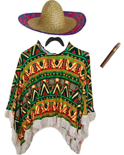 Adults Mens Womens Mexican Fancy Dress Costume Poncho Moustache Sombrero Day of the Dead Halloween Outfit