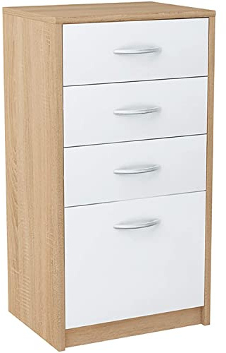 MATKAM Kommode mit Schubladen - Schrank mit 4 Drawers - geräumige Komode - solide Schubladenschrank H:85 B:45 T:35 cm - Kommode Schlafzimmer, Wohnzimmer und Flur Möbel - Sonoma Eiche Weiß