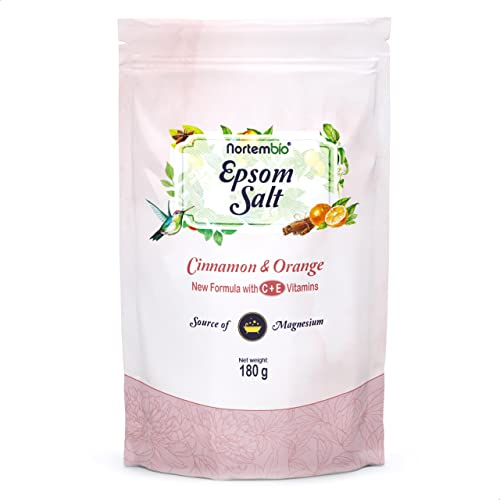 Nortembio Sali di Epsom 100% Fragranza Cannella e Arancia 180 g – Fonte Naturale di Magnesio | Con Vitamina C ed E Idratante | Per Bagni Rilassanti, Spa e Cura della Pelle + E-Book Gratuito