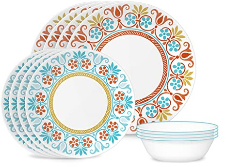 Corelle 12-Piece Round Dinnerware Set, Service for 6, Lightweight Round Plates and Bowls Set, Vitrelle Triple Layer Glass, Chip and Scratch Resistant, Microwave and Dishwasher Safe, Terracotta Dreams