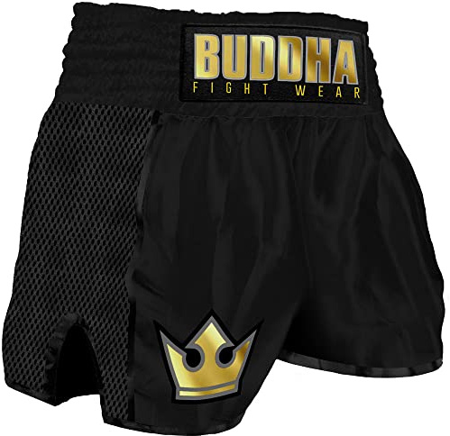 Buddha Fight Wear. Short Retro Premium Negro. Especialmente diseñado para el Kick Boxing, Muay Thai, K1 o Cualquier modalidad de Deportes de Contacto. Talla L (60 a 70 Kgs)