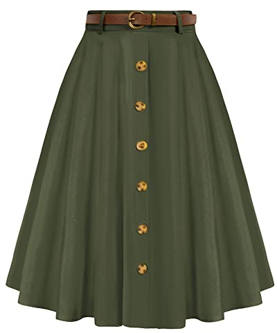 Army Green Knee Length A-Line Vintage Vintage High Waist Aline Skirt Army Green M