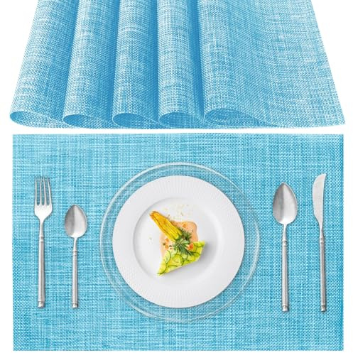 Tovagliette Americana Lavabili, Set di 6 Tovagliette Colazione in PVC, Antiscivolo, Resistenti al Calore, per Tavolo da Cucina (Azzurro)