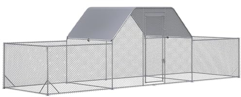 PawHut Hühnerstall Zwinger Voliere Außen 12,5 m² für 12 bis 15 Hühner – Laufgitter 6,6 x 1,9 x 1,95 m – überdachter Raum – Stahl verzinkt