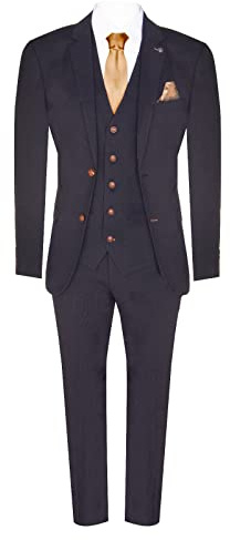 Traje de Hombre a Medida Negro de Lana de 3 Piezas con Ribete Marrón Clásico Birdseye Novios de Boda