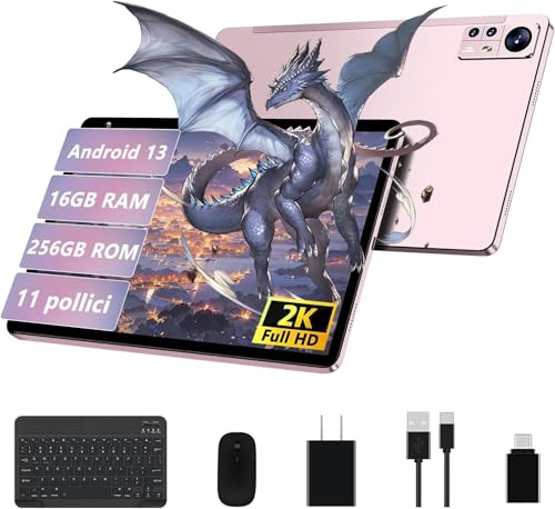 AOCWEI Android 13 Tablette 11 Pouces Écran 2K Octa-Core 16Go+256Go (512Go TF) 5G WiFi |2000 * 1200 |8600mAh |4 Haut parleurs |13MP+2MP+5MP |Bluetooth 5.0| Tablette avec Clavier et Souris |Or Rose