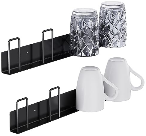 Geilihome Wandmontierter Kaffeebecher-Halter, selbstklebendes Glas-Tassenregal, Becheraufhänger für Schrank, Aufbewahrung, Küchenorganizer, Schrankregal, Hängeutensilien (2 Stück, schwarz)