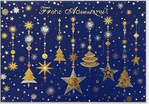 GrosseJewels Mini Adventskalender als Karte zur Weihnachten - hochwertige Grußkarte mit 24 Türchen, inkl. goldenem Umschlag (Lametta blau), Din A6