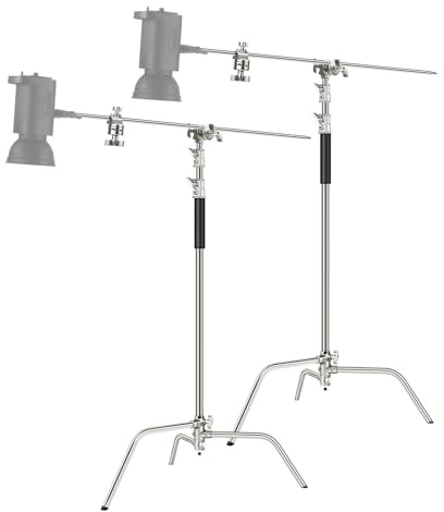 NEEWER 2PCS Pro 100% Stainless Steel Heavy Duty C Stand with Boom Arm, Max Height 10.5ft/320cm Photography Light Stand with 4.2ft/128cm Holding Arm, 2 Grip Head for Studio Monolight, Softbox,Reflector