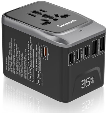 SAUNORCH Universal Travel Adapter, PD 35W 7 in 1 International Power Plug Adapter with 7.0A 4 USB-C and 2 USB-A Fast Wall Charger, Worldwide AC Outlet for US Europe UK AUS (Black+Silver)