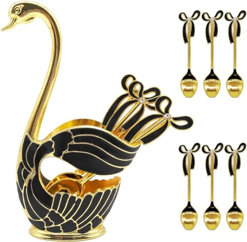 6-teilige Kaffeelöffel Besteck, Dessert Löffel Set mit dekorativen Swan Bottom Holder, Edelstahl Teelöffel Schwanenform Löffel Set für Kaffee/Dessert/Eislöffel/Kuchen (Goldschwarz)